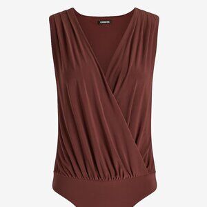 NWT Express V-Neck Surplice Pleated Shoulder Bodysuit Dark Red Burgundy